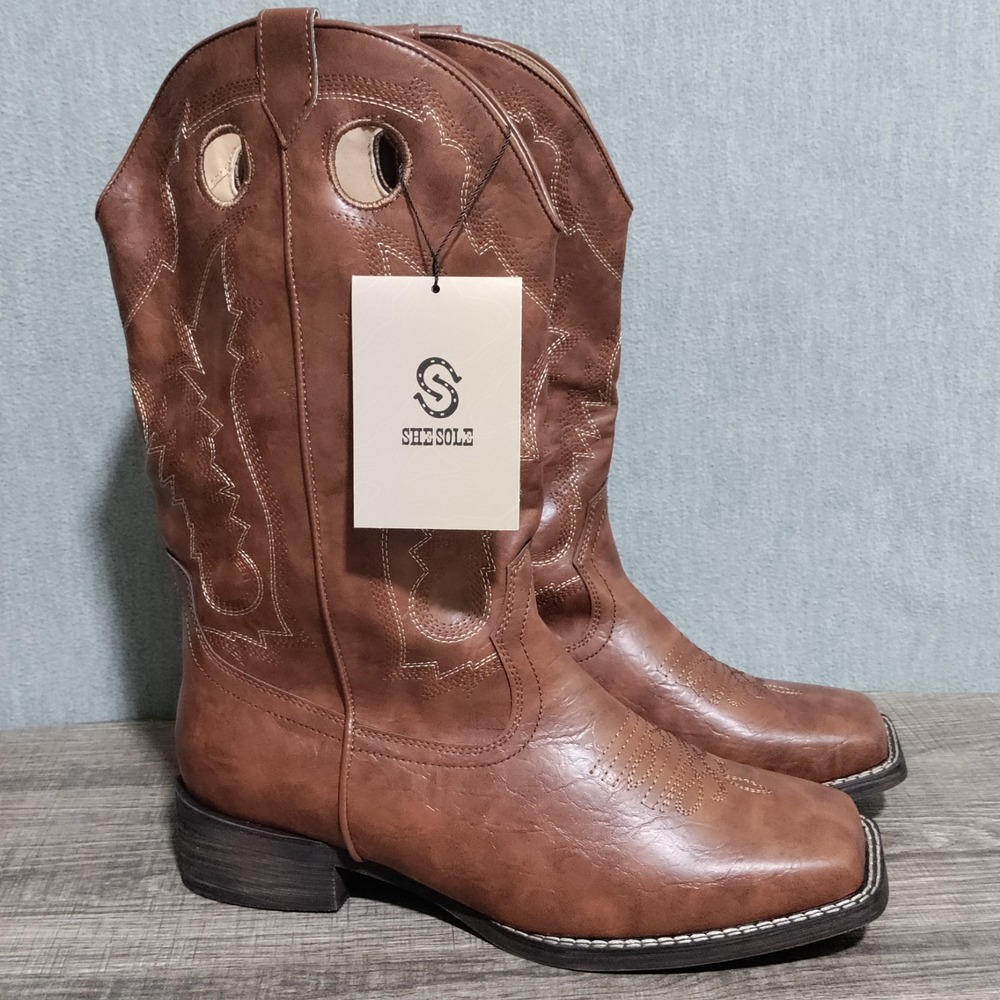 SheSole Cowboy Boots Womens 11.5 Wide Brown Square Toe Wide Mid Calf Western